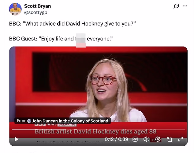 GOSSIP99 : BBC presenter forced to apologise as guest drops f-bomb live on TV during David Hockney tribute after the artist died aged 88